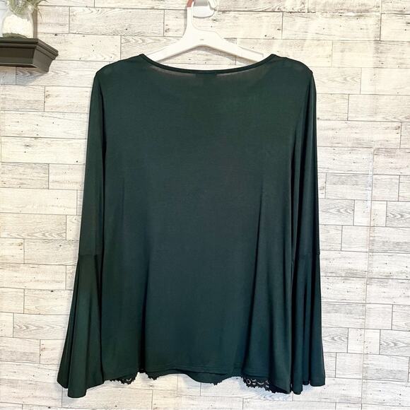 POINTELLE Green Lace Overlay Blouse With Bell Sleeves, L - Picture 6 of 8